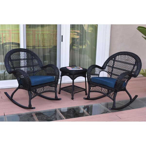 Propation W00211-2-RCES011 3 Piece Santa Maria Black Rocker Wicker Chair Set; Blue Cushion PR1081425 - main